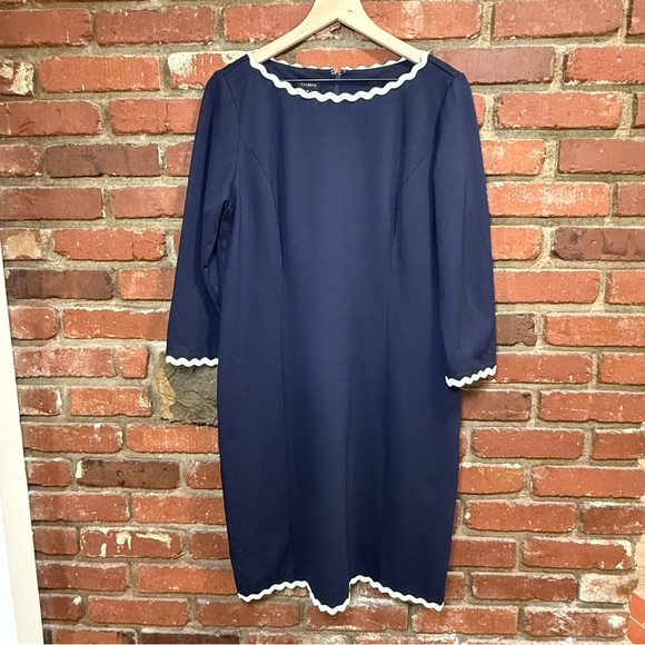 Talbots women's Sheath Dress  Ponte stretch‎ 3/4 Sleeve boat neck size 12 navy - Picture 1 of 11